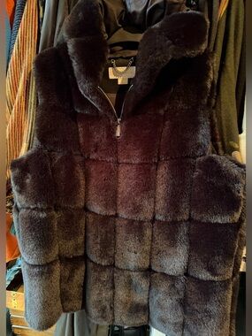 Michael Kors Black Faux Fur Zip-Front Vest with Silver Hardware
